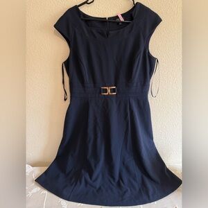 Stylish Navy Blue Dress with Gold-Tone Buckle Accents The Waist. NEW